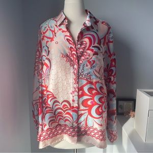 Zara faux silk bold pattern oversized button down blouse top size large